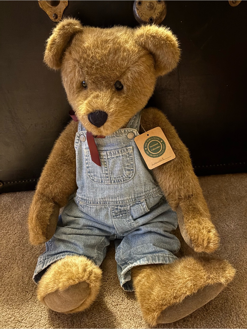 22” Boyds Bear “Lancelot”Brown Plush in Denim Overalls with Burgundy Ribbon